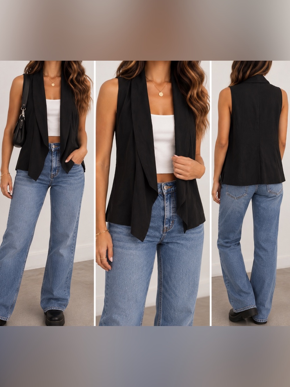 Eileen Fisher 100% Silk Black Draped Open Front Vest Size M